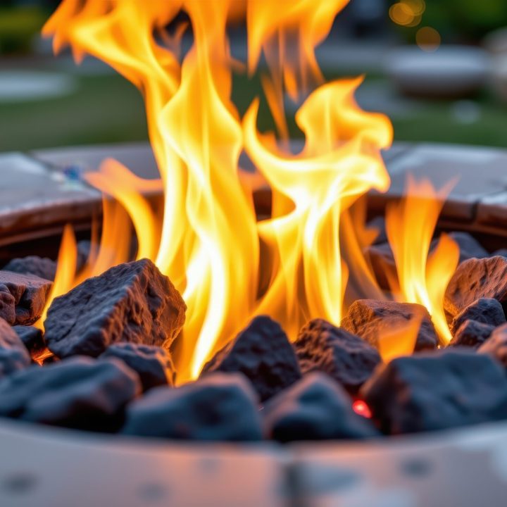close up view of hot flames encircling lava rocks in a fire pit table.